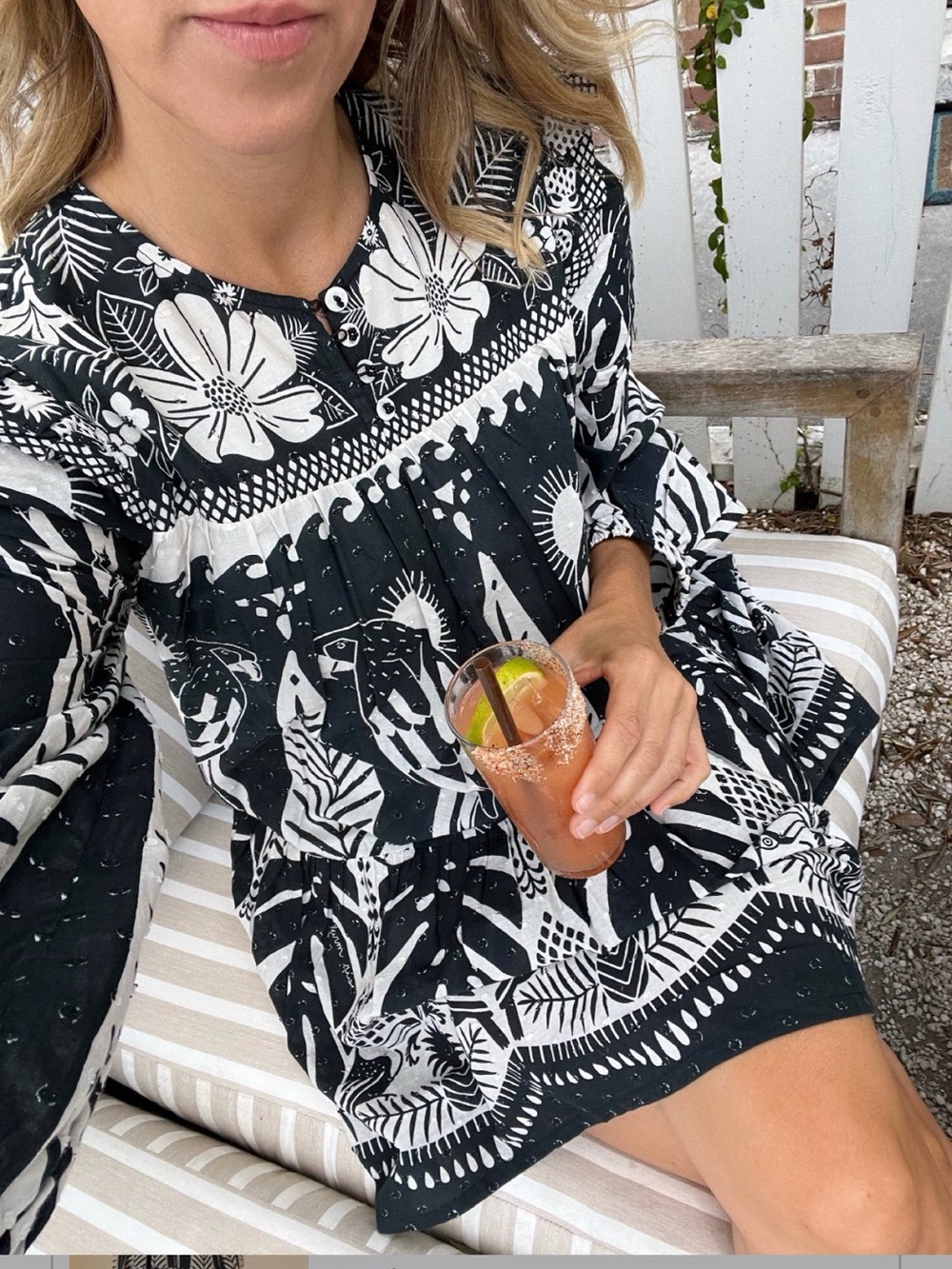 FARM Rio Black and Cream Floral-Print Midi Dress